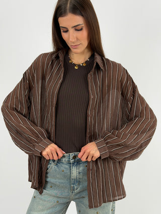 Camicia Cotton Blend a Righe Marrone