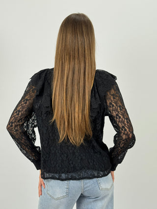 Camicia in Pizzo con Fiocco e Volant Nera