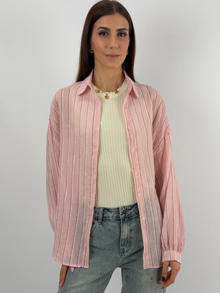 Camicia Cotton Blend a Righe Rosa