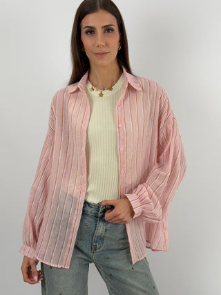 Camicia Cotton Blend a Righe Rosa