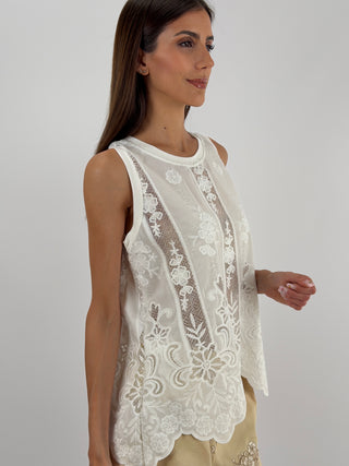 Canotta Open Back con Ricami Bianca