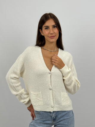 Cardigan Lumina con Bottoni Gioiello Bianco