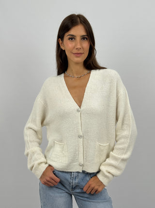 Cardigan Lumina con Bottoni Gioiello Bianco