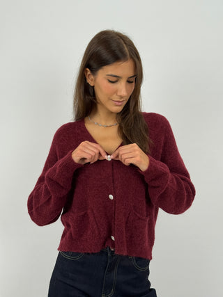 Cardigan Lumina con Bottoni Gioiello Bordeaux