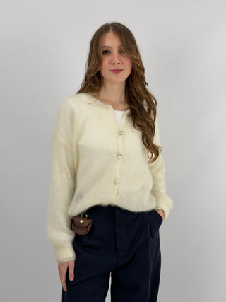 Cardigan Kid Mohair Ultrafine Girocollo Burro