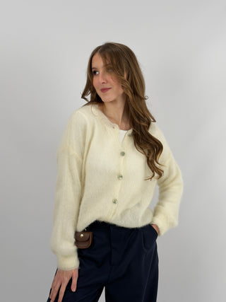 Cardigan Kid Mohair Ultrafine Girocollo Burro