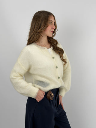 Cardigan Kid Mohair Ultrafine Girocollo Burro