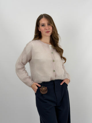 Cardigan Kid Mohair Ultrafine Girocollo Cipria