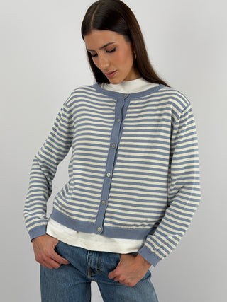 Cardigan in Cotone a Righe Bianche e Azzurre
