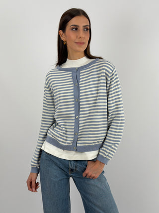Cardigan in Cotone a Righe Bianche e Azzurre