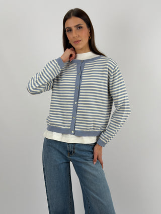 Cardigan in Cotone a Righe Bianche e Azzurre