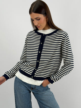 Cardigan in Cotone a Righe Bianche e Blu
