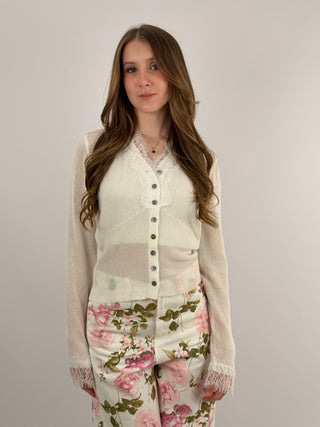 Cardigan con Top e Pizzo Bianco