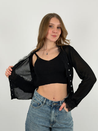 Cardigan con Top e Pizzo Nero