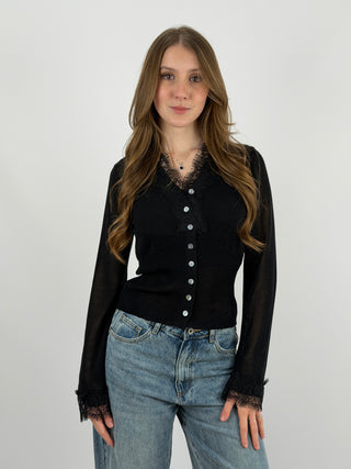Cardigan con Top e Pizzo Nero
