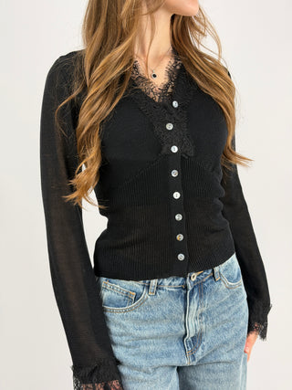 Cardigan con Top e Pizzo Nero