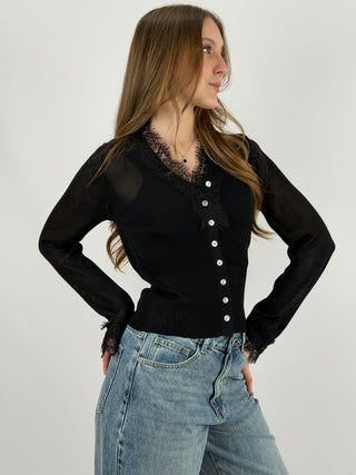 Cardigan con Top e Pizzo Nero