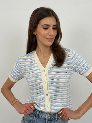 Cardigan Ultrafine a Manica Corta a Righe Azzurre