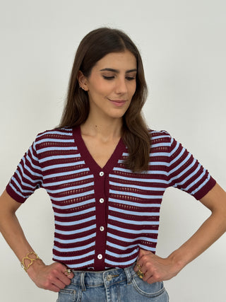 Cardigan Ultrafine a Manica Corta a Righe Bordeaux e Azzurre