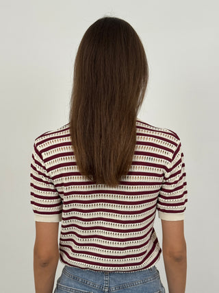 Cardigan Ultrafine a Manica Corta a Righe Bordeaux