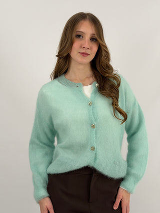 Cardigan Kid Mohair Ultrafine Girocollo Acquamarina