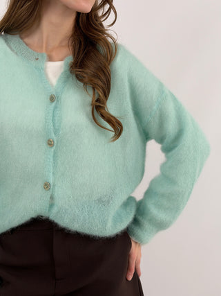 Cardigan Kid Mohair Ultrafine Girocollo Acquamarina