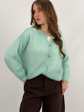 Cardigan Kid Mohair Ultrafine Girocollo Acquamarina