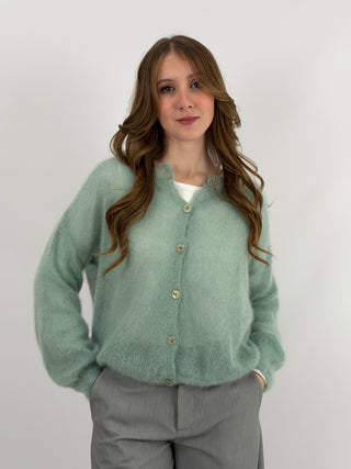 Cardigan Kid Mohair Ultrafine Girocollo Verde Salvia
