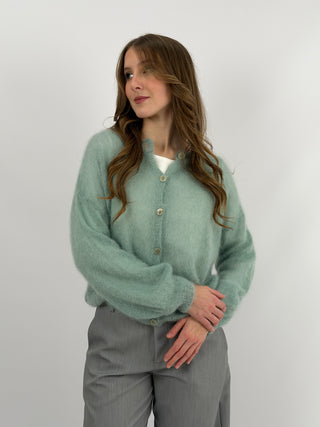 Cardigan Kid Mohair Ultrafine Girocollo Verde Salvia