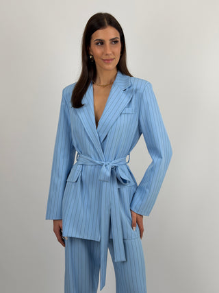 Completo Giacca con Cintura e Pantalone Gessato Azzurro
