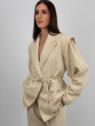 Completo Blazer con Spalle Strutturate e Pantalone Beige