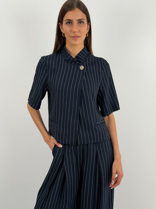 Completo Gessato con Chiusura Incrociata Blu
