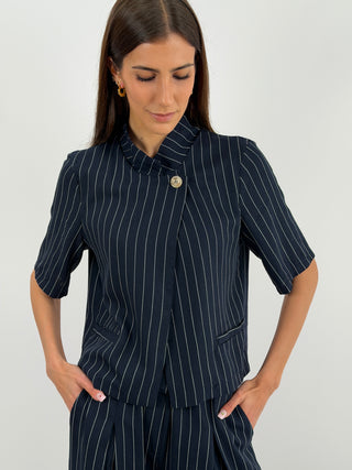 Completo Gessato con Chiusura Incrociata Blu