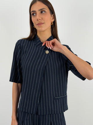 Completo Gessato con Chiusura Incrociata Blu
