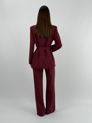 Completo Giacca con Cintura e Pantalone Gessato Bordeaux