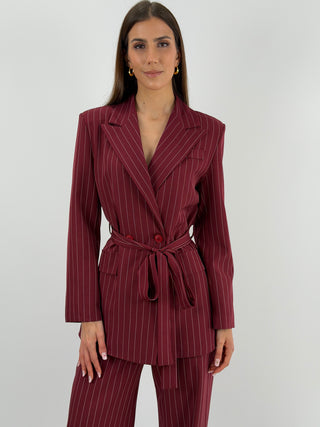 Completo Giacca con Cintura e Pantalone Gessato Bordeaux