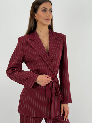 Completo Giacca con Cintura e Pantalone Gessato Bordeaux