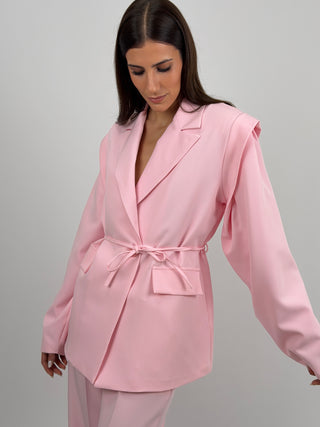 Completo Blazer con Spalle Strutturate e Pantalone Rosa