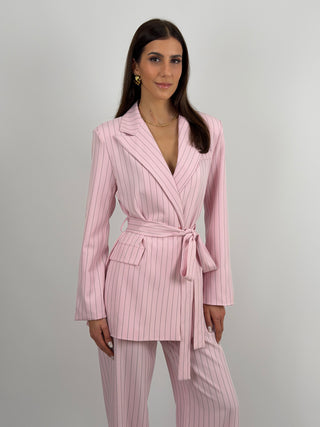 Completo Giacca con Cintura e Pantalone Gessato Rosa