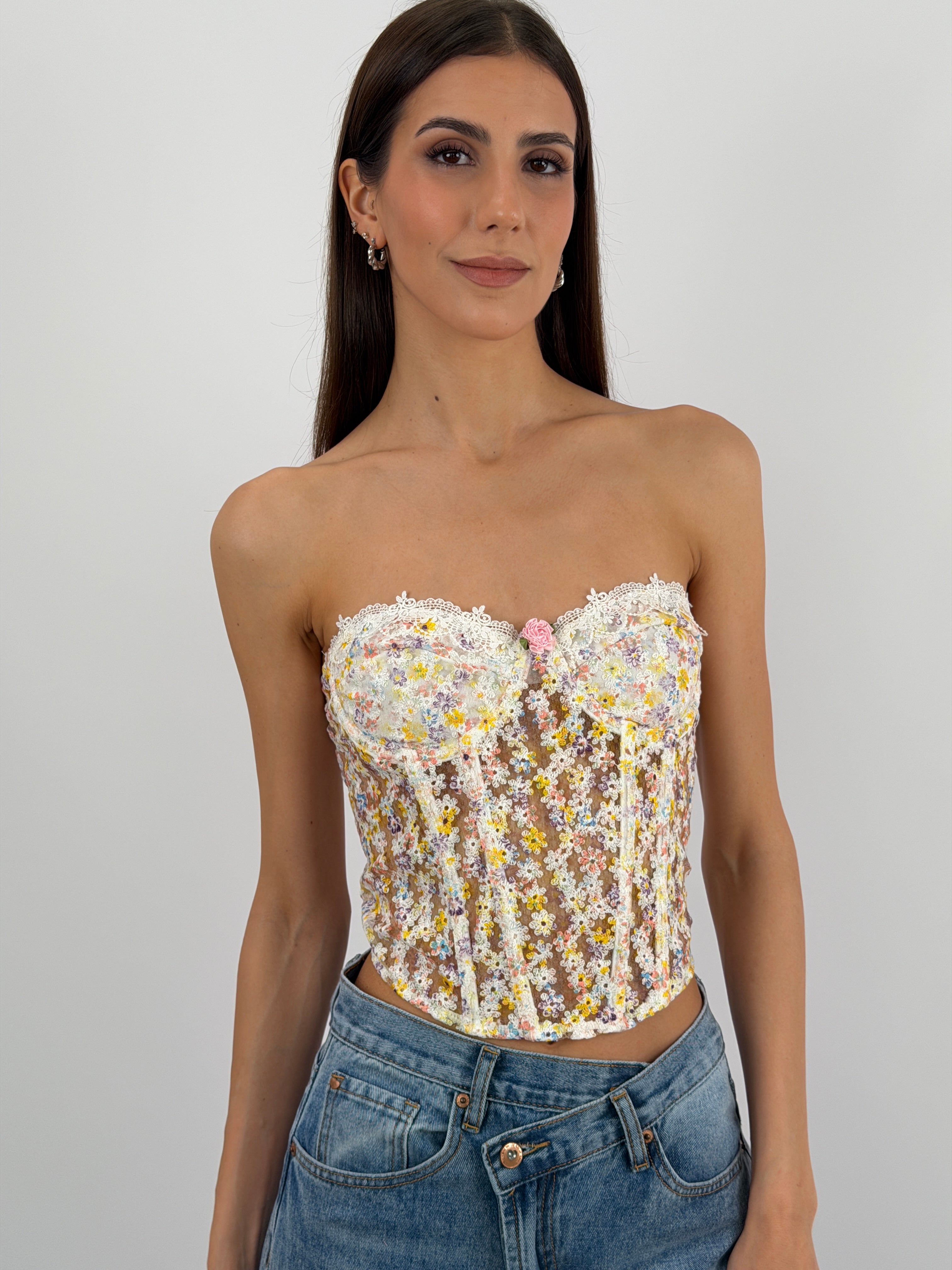 Corsetto Bustier In Pizzo Floreale Geagodelia - Top Retrò Senza Spalline Con Lacci, Donna Taglie S-XXL