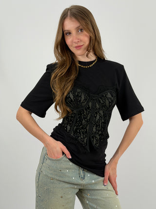 Corsetto Nero con Pizzo e Bottoncini