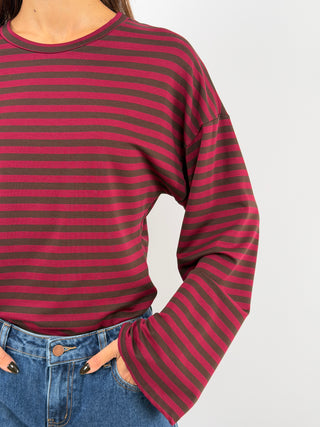 Burgundy Striped Top with Ruching