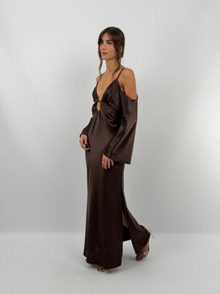 Abito Satin con Maniche Lunghe Marrone