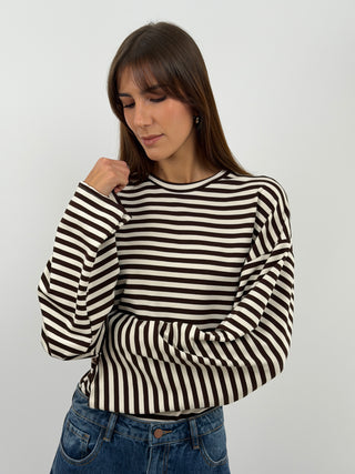 Cream Striped Top with Ruching
