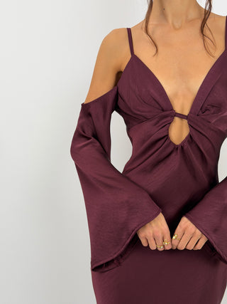 Abito Satin con Maniche Lunghe Burgundy