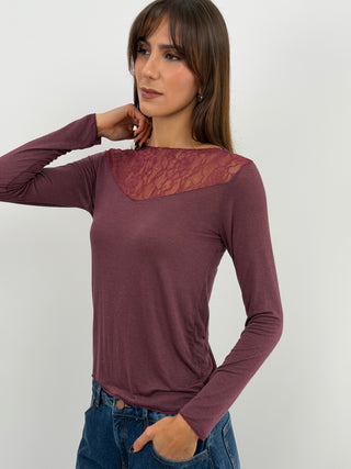 Pull Ultra-Léger avec Cachemire et Dentelle Bordeaux