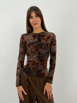 Haut Marron en Velours à Motifs