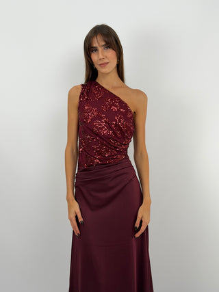Abito Monospalla con Paillettes Bordeaux