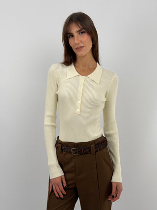 Cream Ribbed Bodysuit with Buttons