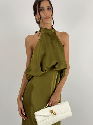 Abito Satin con Top a Balza Verde Olio